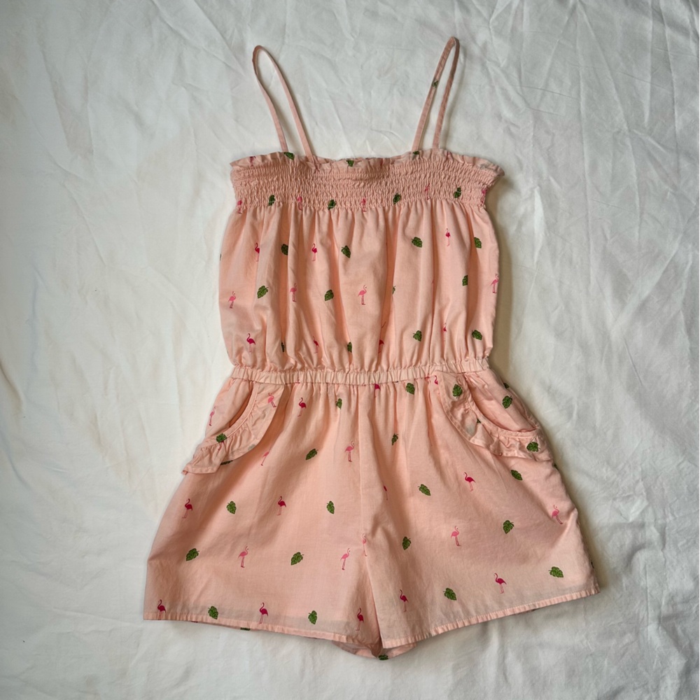 Janie and Jack GirlsPink Romper with Flamingo Palm Print | Size 8 | EUC 🦩🌴